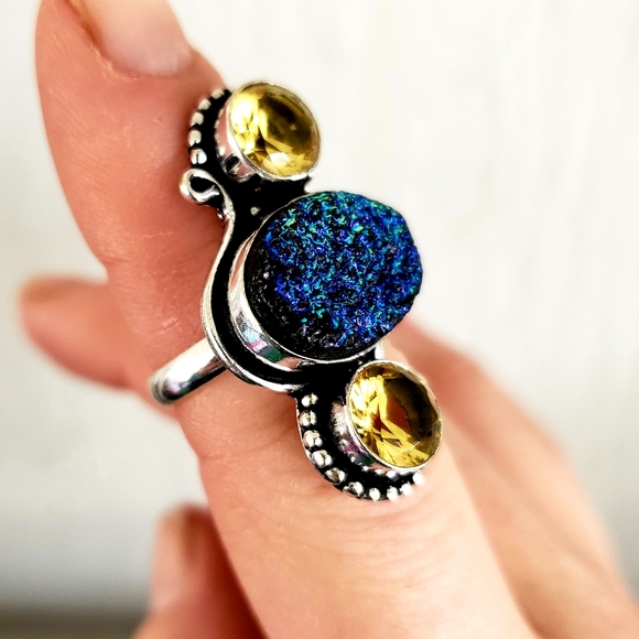 New Titanium Druzy and Citrine Silver Ring. - Picture 3 of 7